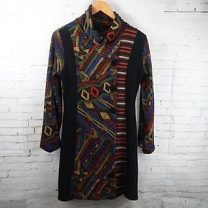 MULTI COLOR AFRICAN TRIBAL DESIGN LONG SLEEVE COWL NECK MIDI DRESS SIZE M/L